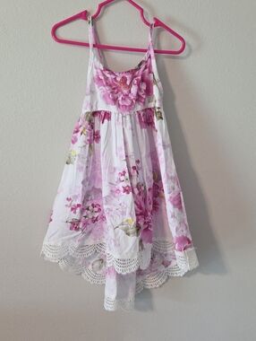 Girls Pink Floral Lace-Trim Sundress with Spaghetti Straps